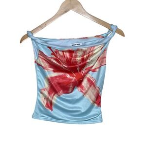 House of Thread Floral Graphic Drape Neck Top size Small Light Blue/Red